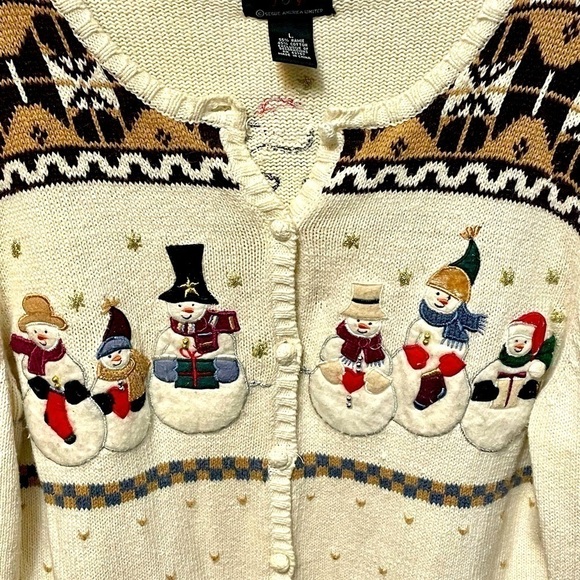 designer Originals Studio Joy Vintage Snowman Cardigan Sweater, Size Large, 3D - Picture 2 of 12
